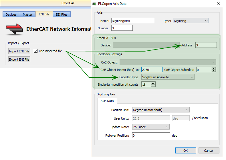 PLCopen Axis Parameters with Imported XML